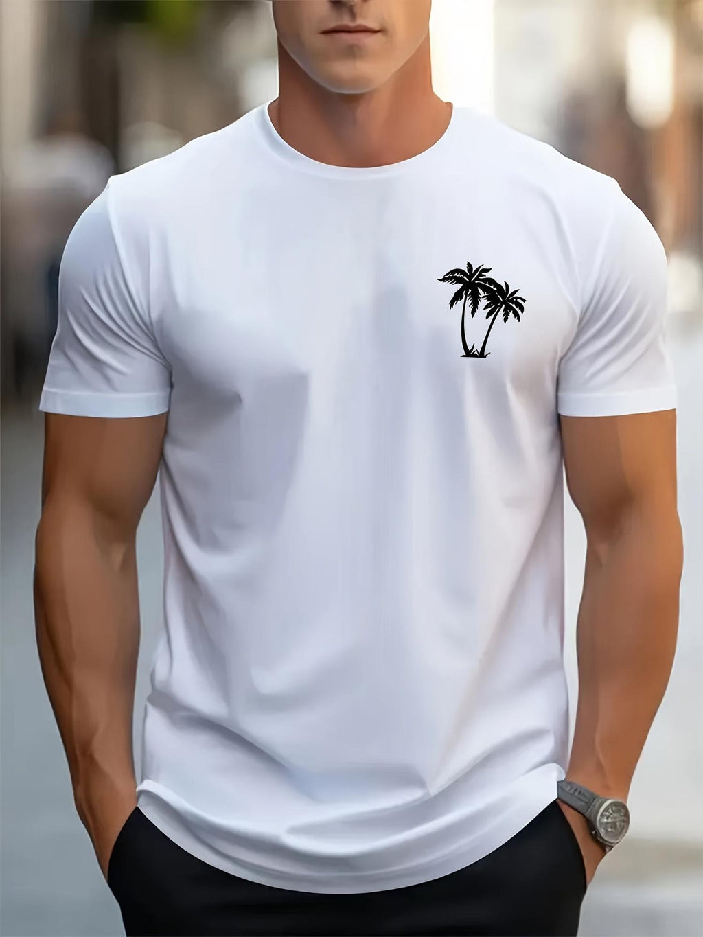 Sketch Style Palm Tree Pattern Short Sleeve T Shirt, Men's Casual Printed T Shirt for Outdoor Activities, 2D Printed Short Sleeve 2D Men's T Shirt
